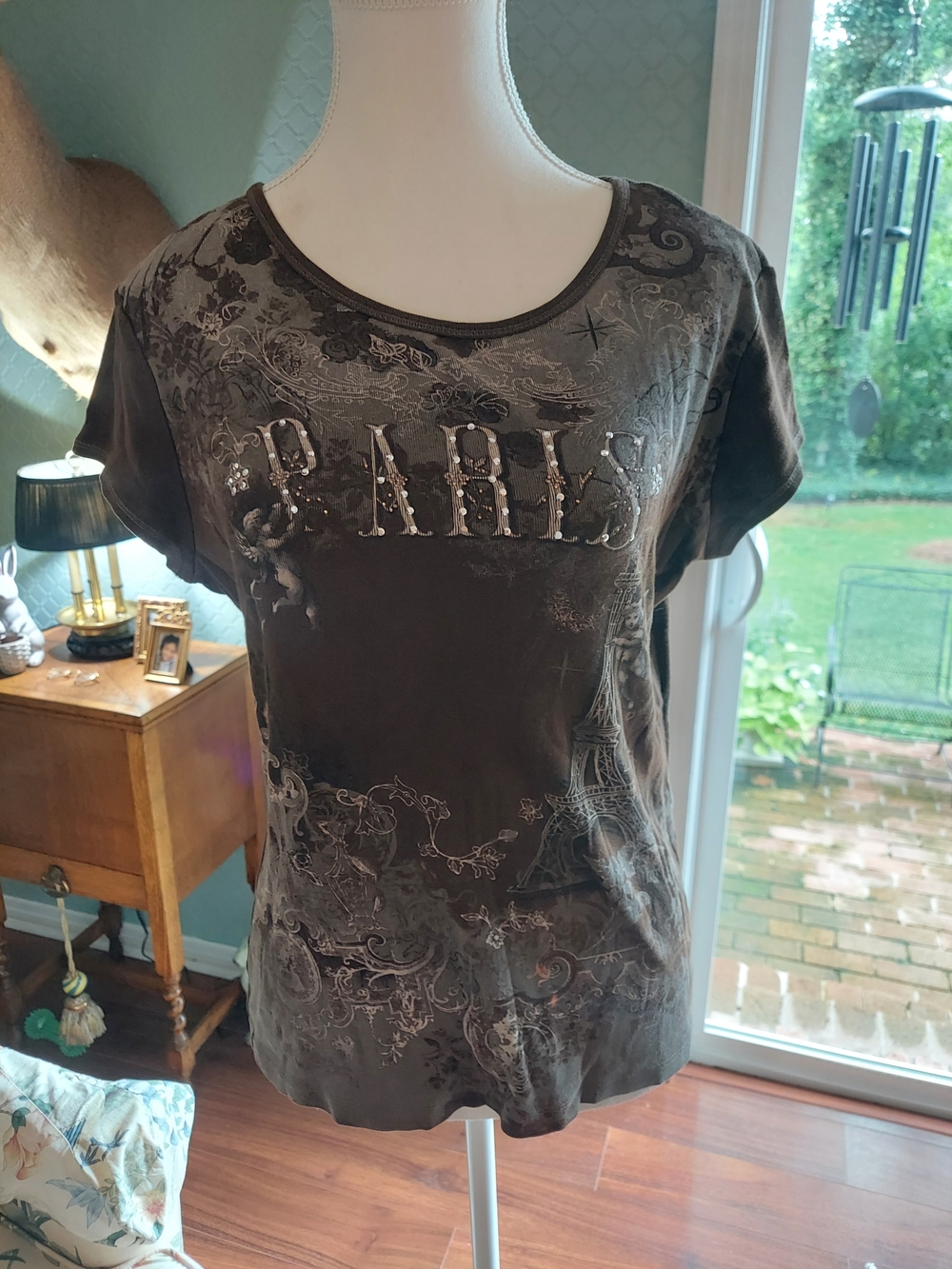 Paris Embellished Short Sleeve Tee - Brown